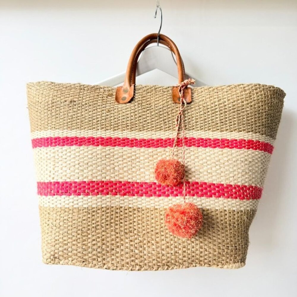 Mar Y Sol Caracas Tote Straw Raffia Pom Pom Beach Tote - Beige/Red - Picture 2 of 11